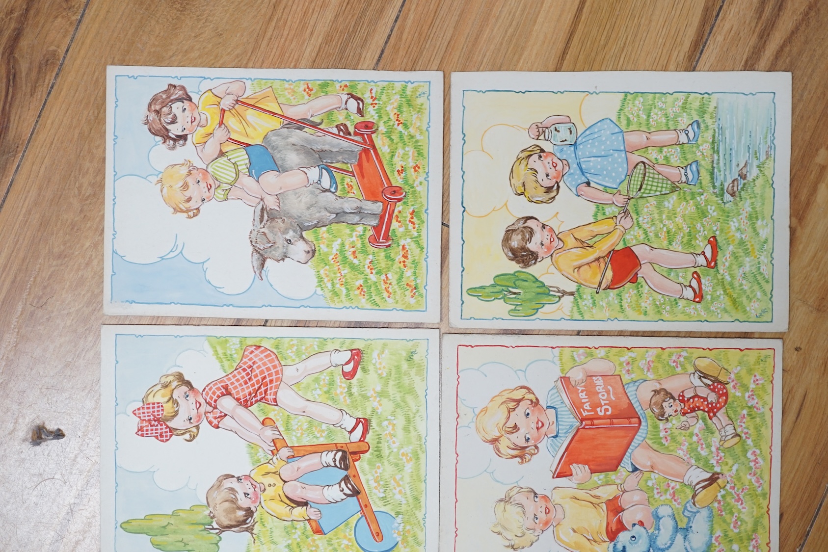 Freda Rose (20th. C), set of six original watercolours for children's postcard designs, Humorous children, each signed with initials, four with 21st May 1946 date stamps verso, 18.5 x 14cm, unframed. Condition - fair to